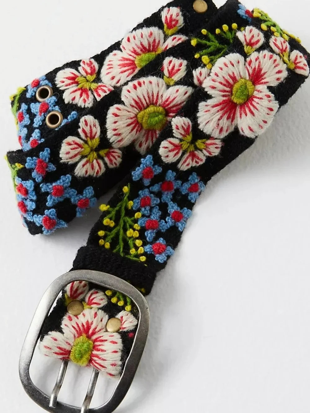 Jenny Krauss Floral Embroidered Black Belt with Multicolor Blooms